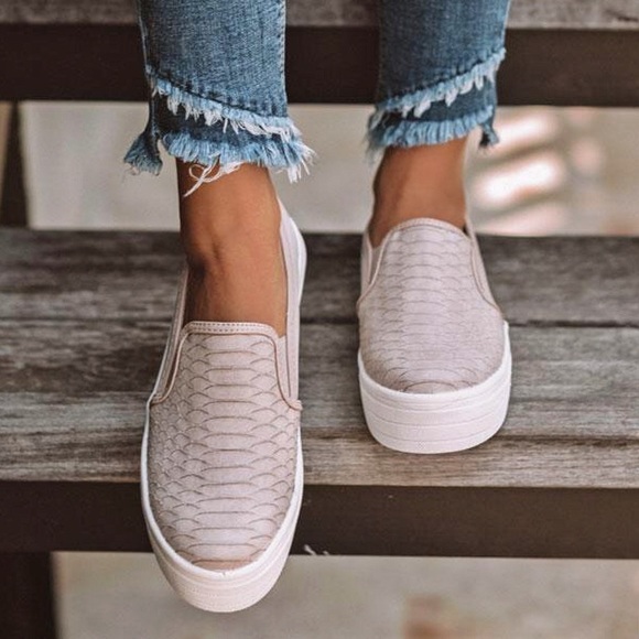 Shoes - TAUPE | Snakeskin Flatform Slip On Sneakers